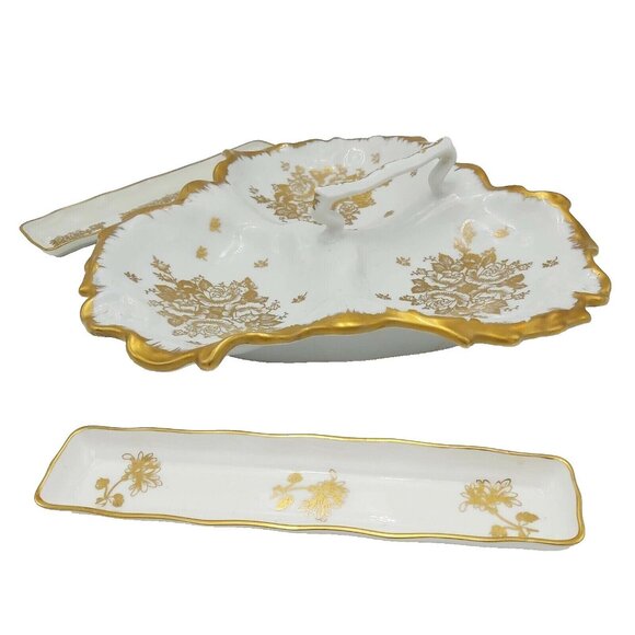 Limoges France Hand Painted Candy or Nut Serving Dish With 2 Mint Trays Vintage - Picture 3 of 16